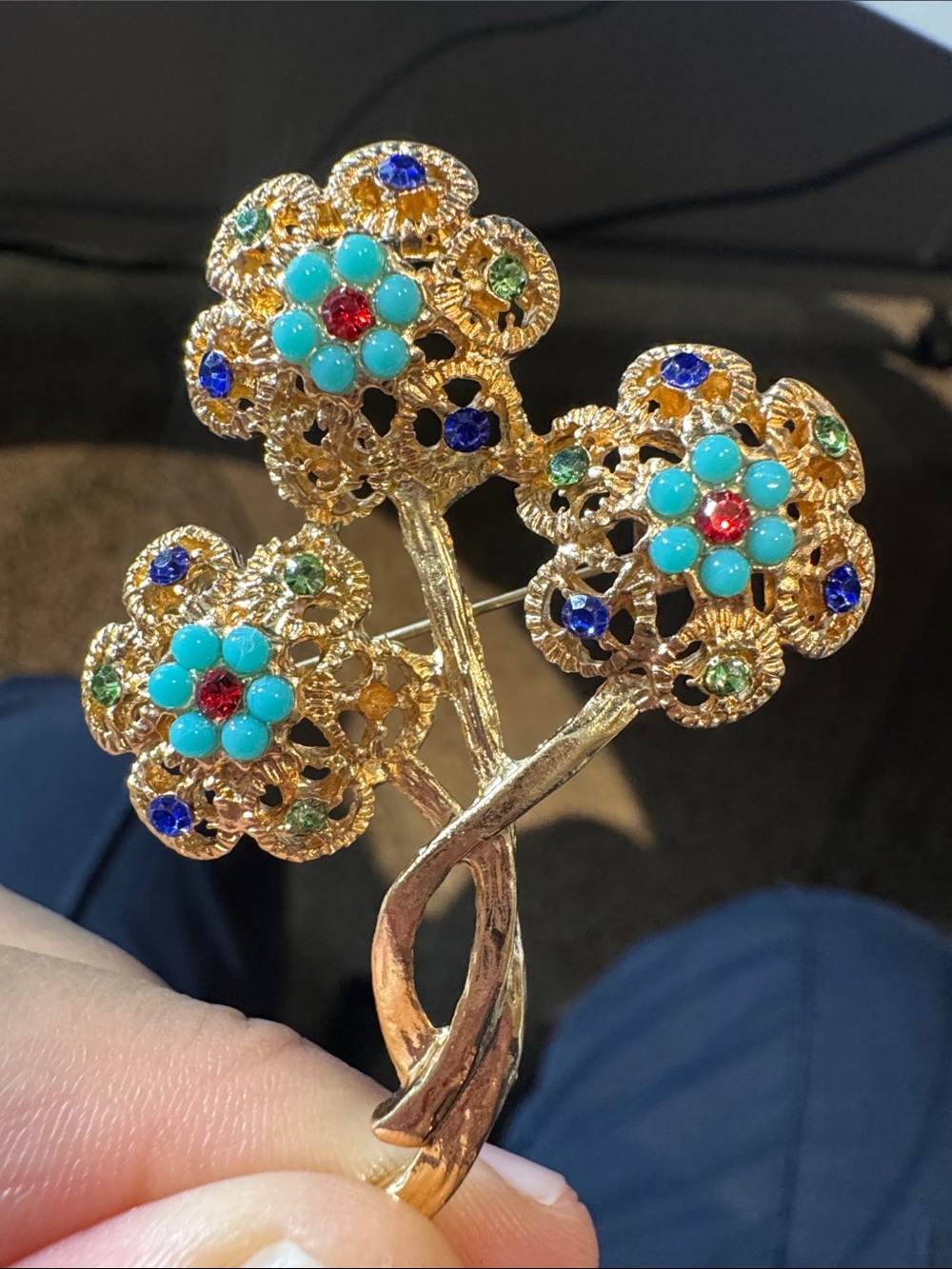 Floral Trio Brooch with Blue and Green Accents